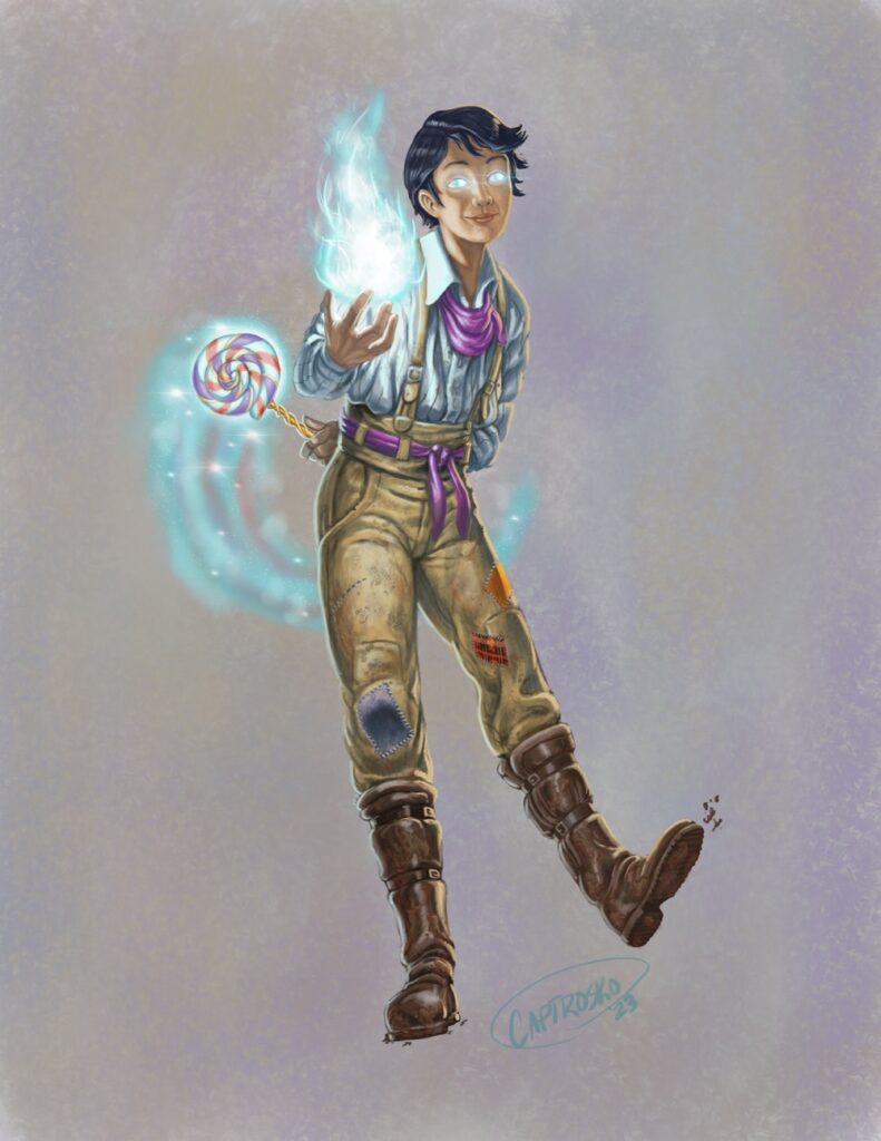 A young kalashtar holding a magical sucker and a ball of silver flame. 