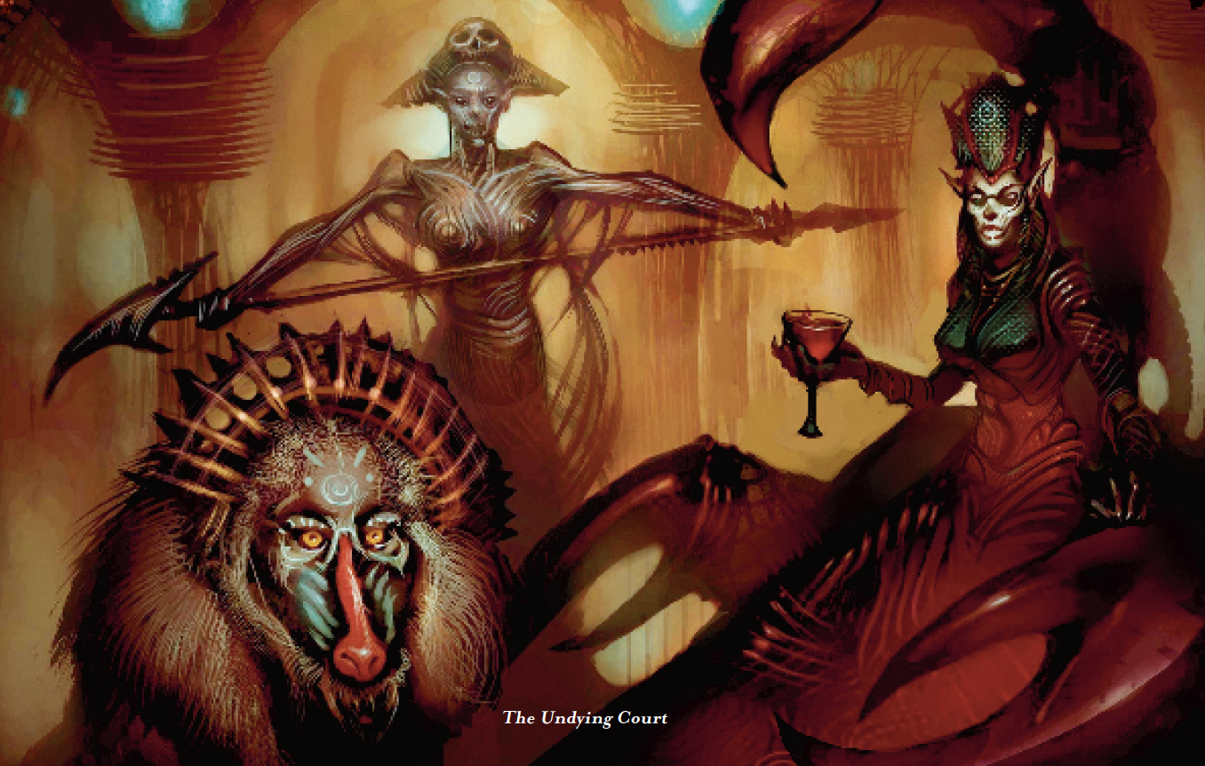 An image of two elves sitting in court along with a baboon with a metal headdress and facial tattoos.