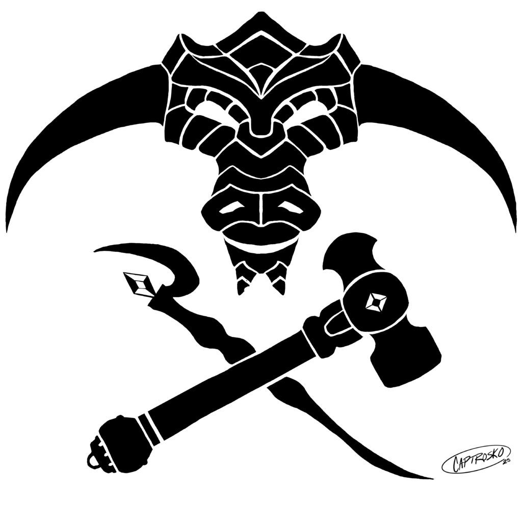 The silhouette of a gorgon's head above a crossed wand and smith's hammer.