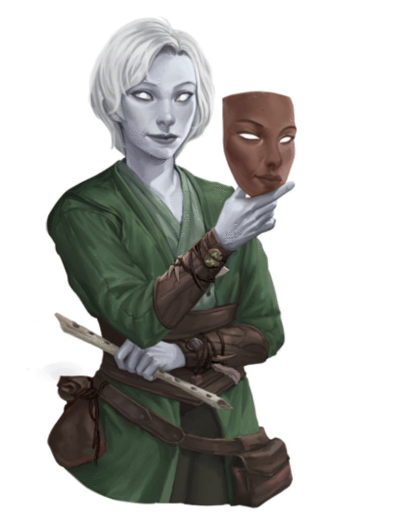 A changeling with pale skin holds a mask in front of their face. 