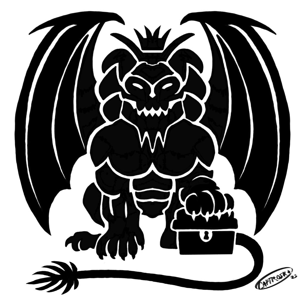 A crowned manticore with one foot resting on a chest.