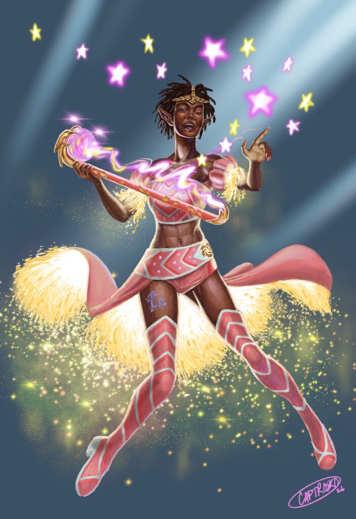 An elf musician playing the Thurimbar rod, with illusory stars falling around her.