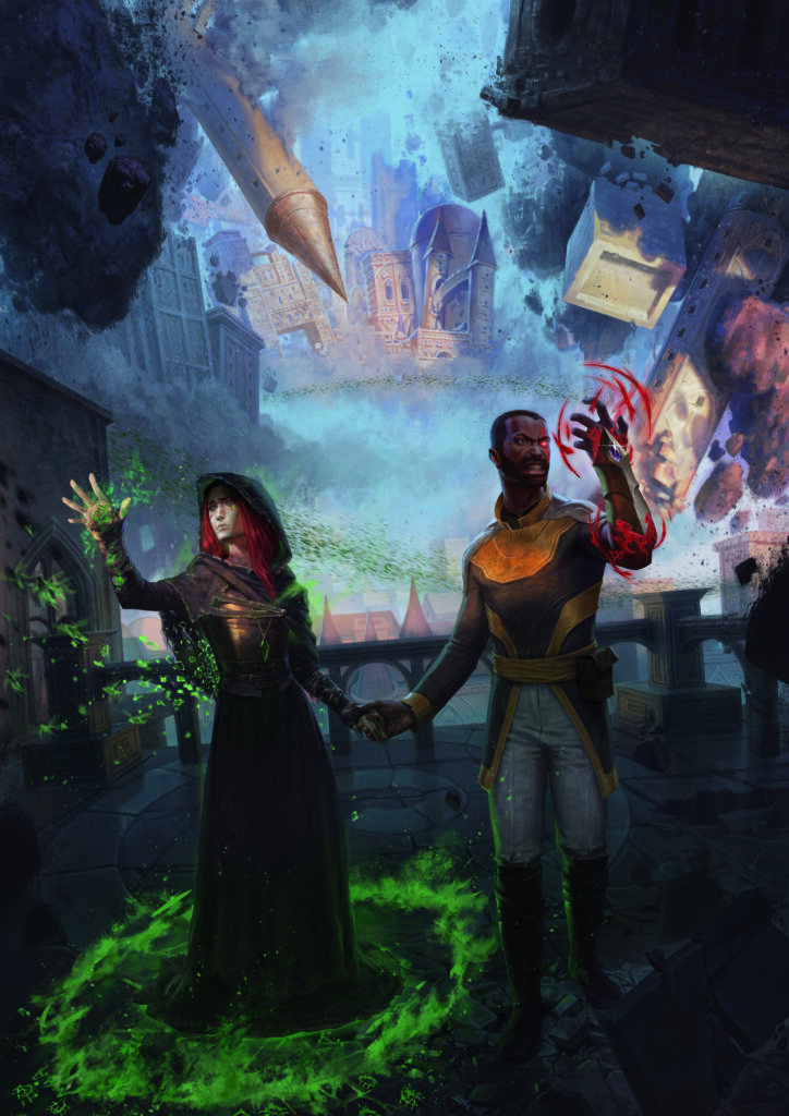 A man and a woman holding hands as the towering city of Sharn collapses around them. 